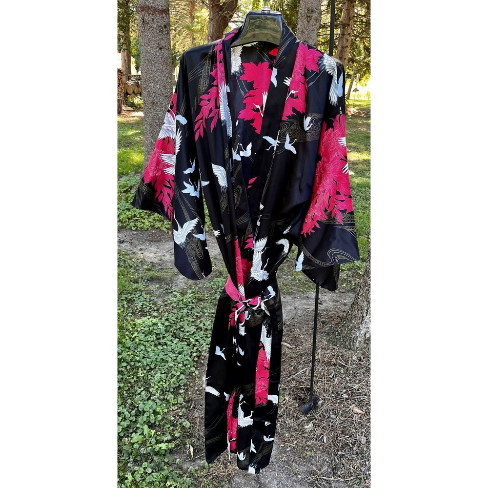 Vintage Made in Japan Kimono Robe Black Pink Peony White Crane Satin Print OS